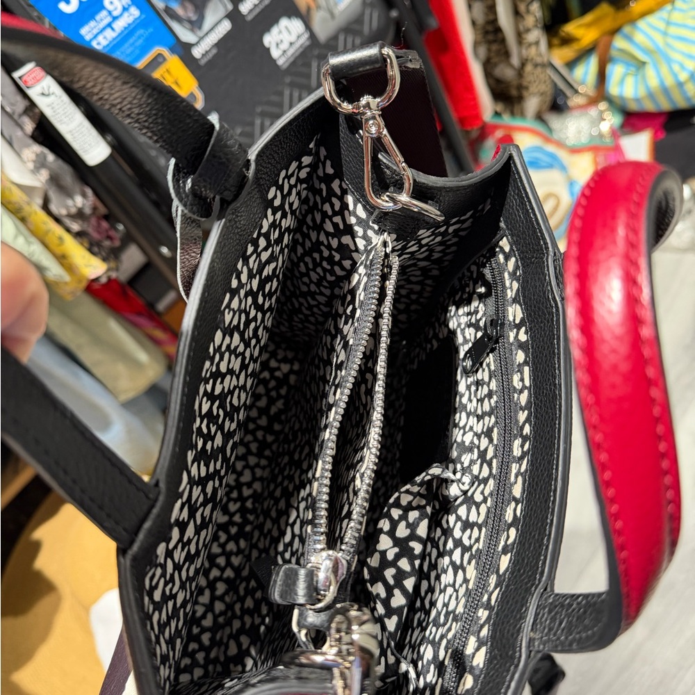 Brighton Black Tote with Heart-Print Lining and Red Accent Strap